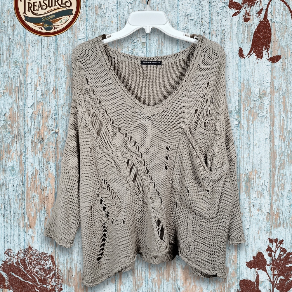 Brandy Melville Off Shoulder Cable Knit Sweater Top Tan Boho Hippie Grunge Italy
